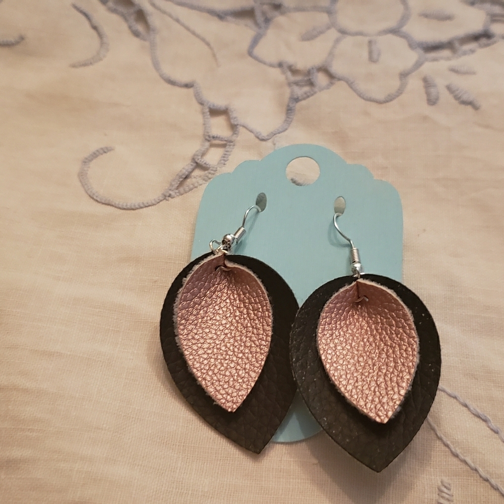 Faux Leather Black and Copper Teardrop Ea